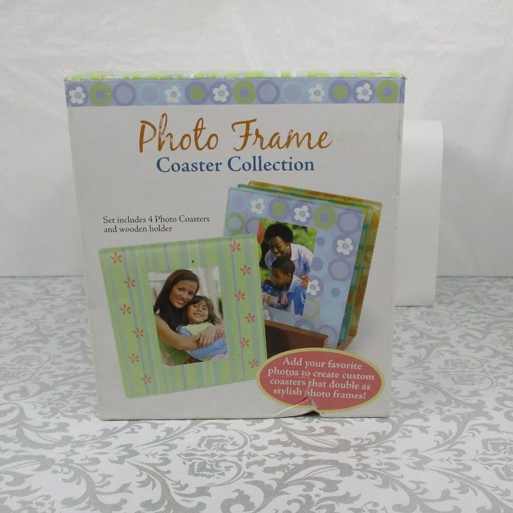 Set of 4 Glass PHOTO Coasters With Holder NIB